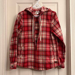L.L. Bean (20" across) zip-up flannel shirt or jacket with hood, red-pink colors